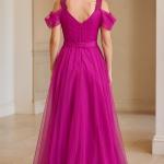 Omuz Çiçek Detaylı Drapeli Tül Elbise – Kemerli, Düşük Kol, Astarlı, Çiçek Aksesuarlı Model