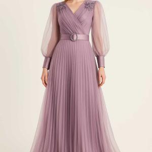 piliseli omuzu taşlı organze tül abiye 7374