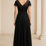 Uzun Kollu Dantel Detaylı Piliseli Şifon Abiye Elbise