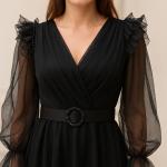 Şık Tül Kollu Elbise – Taş Tokalı Kemerli, Kemerli, Astarlı, Düğün ve Davet Kombinlerine Uygun