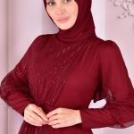 Payet Detaylı Tül Tesettür Abiye Elbise – Hakim Yaka, Uzun Kol, Kuşaklı