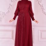 Payet Detaylı Tül Tesettür Abiye Elbise – Hakim Yaka, Uzun Kol, Kuşaklı