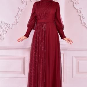 Payet Detaylı Tül Tesettür Abiye Elbise – Hakim Yaka, Uzun Kol, Kuşaklı