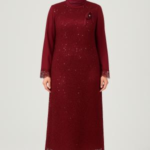 Uzun Tesettür Abiye – Payet Detaylı, Zarif Dantel Kumaş, Astarlı