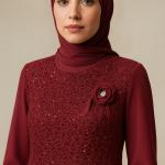 Uzun Tesettür Abiye – Payet Detaylı, Zarif Dantel Kumaş, Astarlı